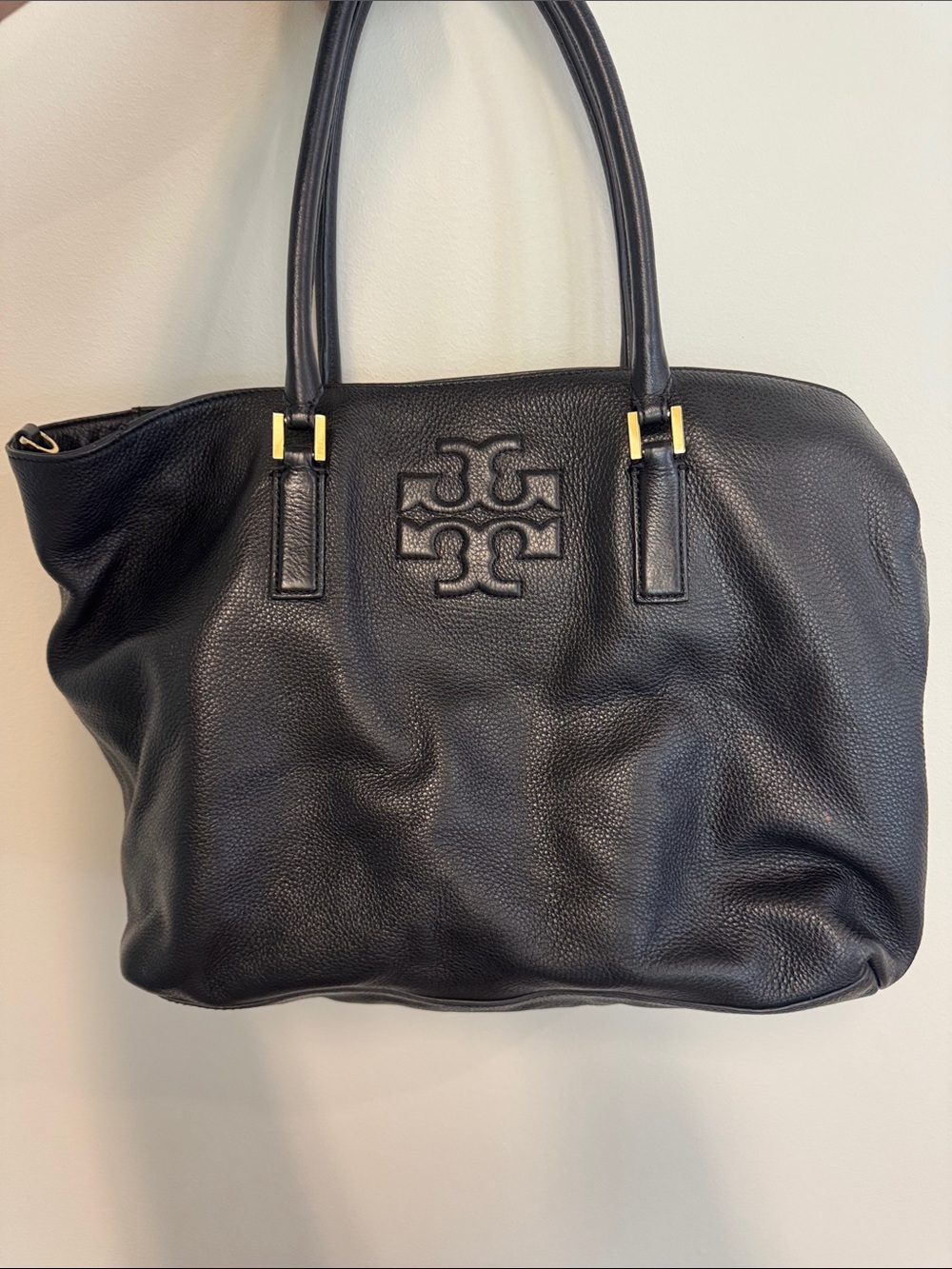 Tory Burch Thea Tote Black Pebbled Leather Logo Tote with Gold-Tone Hardware